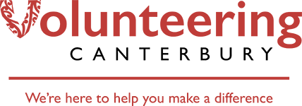 Their logo. The word volunteering is written in red. the "V" has a Kōwhaiwhai pattern on it. Canterbury is written underneath followed by a red line. and beneath that the slogan "We're here to help you make a difference"